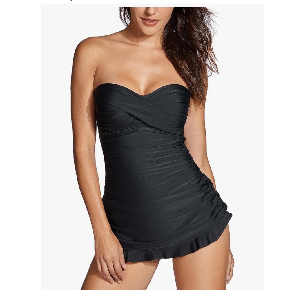 Dobreva Black Strapless Ruffled Skirted One Piece Swimsuit US 12 XL‎